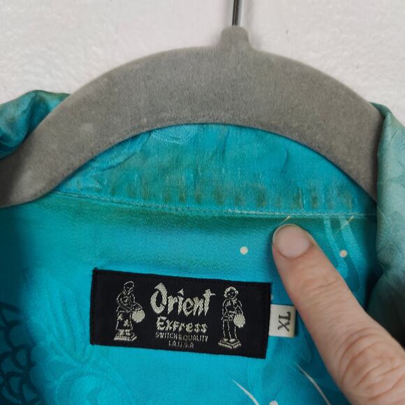 Vintage Orient Express Silk Hawaiian Shirt‎ Mens XL Blue Koi Japenese Print - Picture 10 of 11
